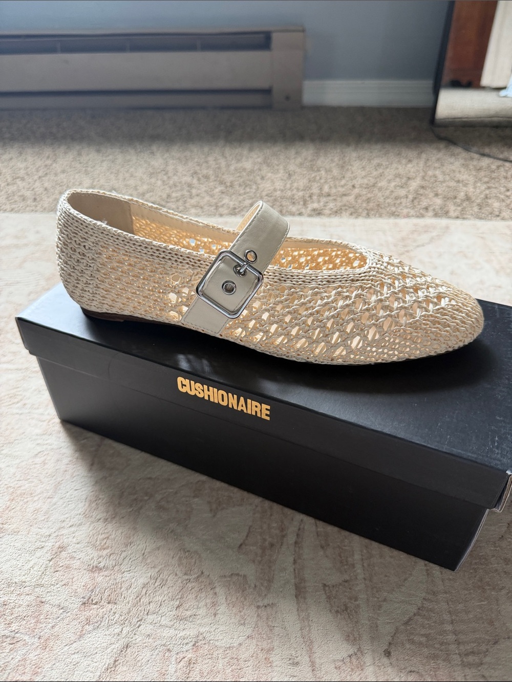 Women's Cream Woven Mary Jane Flats with Buckle